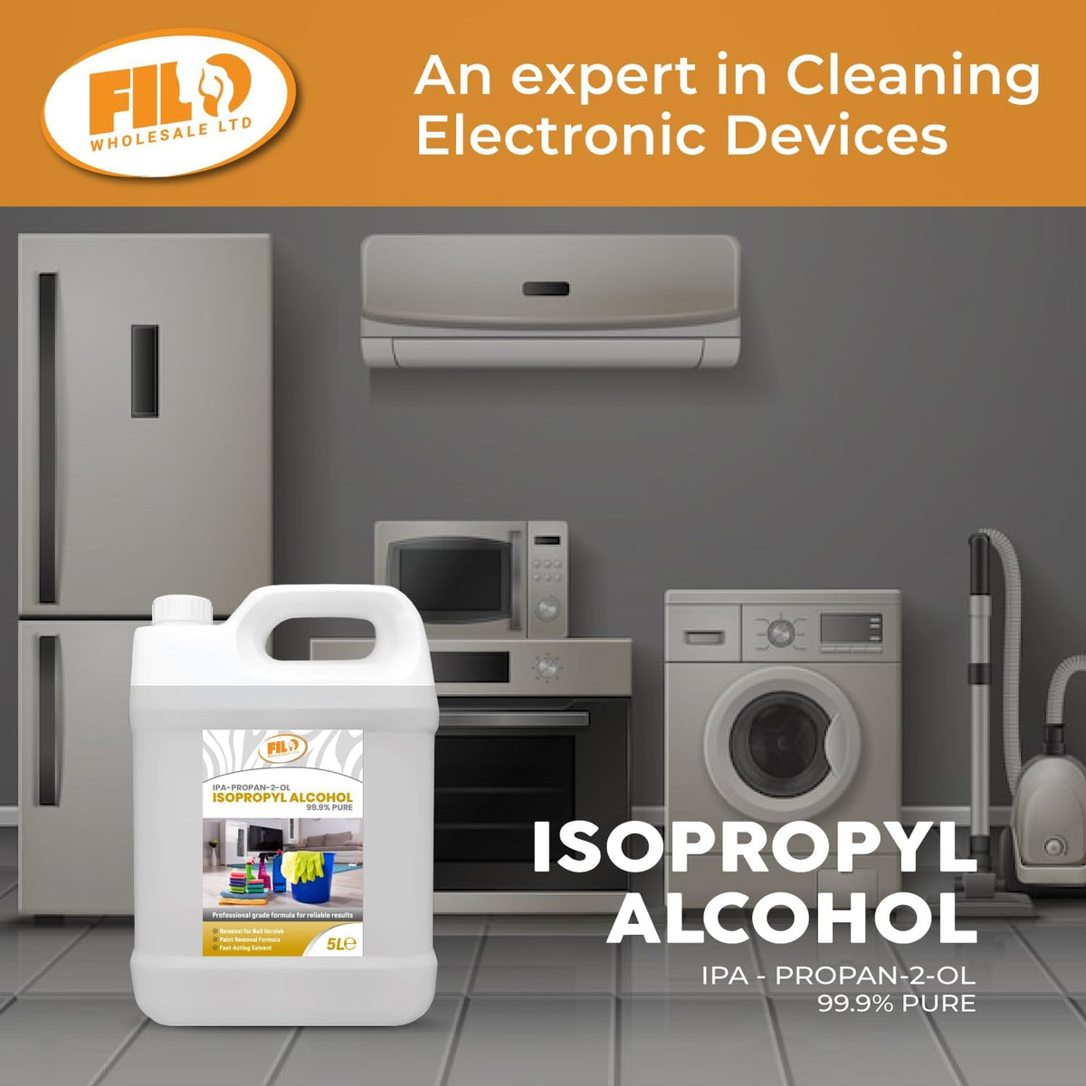 FILO Isopropyl Alcohol 99.9% Pure 1x 5L | Lab Grade IPA | Rubbing Alcohol for Cleaning and Disinfecting | Isopropanol Alcohol Solvent for Electronics, Windows, Glass, Appliances and More