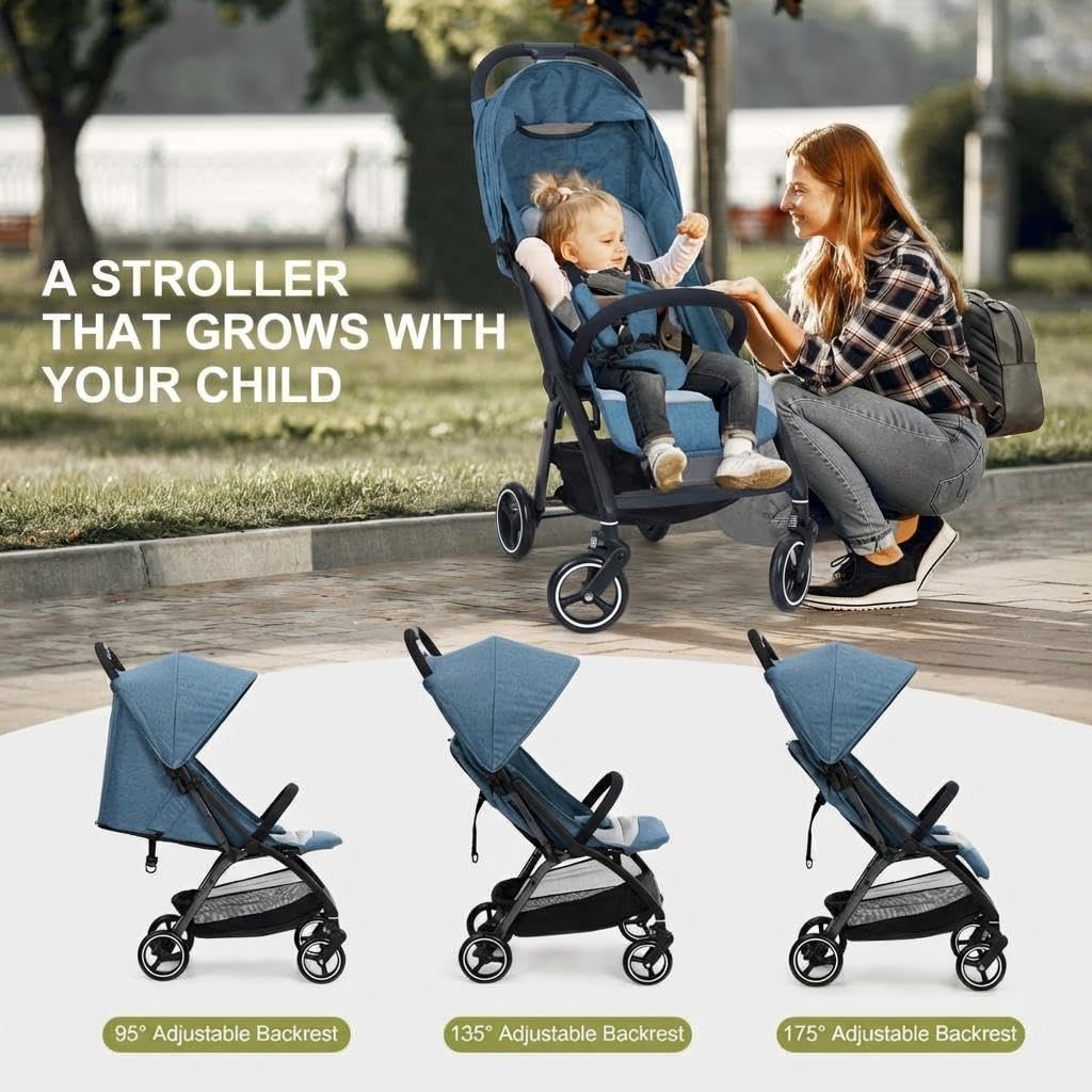 Lightweight Pushchair, Travel Stroller with 3 Recline Positions, Fully Reclining From Birth Up to 22 kg, Baby Stroller with Cup Holder & EVA Shock Absorbing Wheels, One-Click Foldable for Easy Carry-B