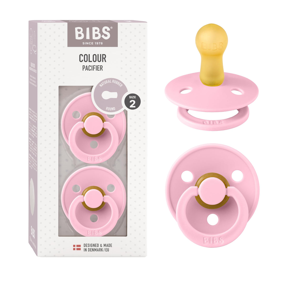BIBS Colour Soother 2-Pack, BPA Free Dummy Pacifier, Round Nipple. Natural Rubber Latex, Made in Denmark, Size 2 (6-18 Months), Baby Blue