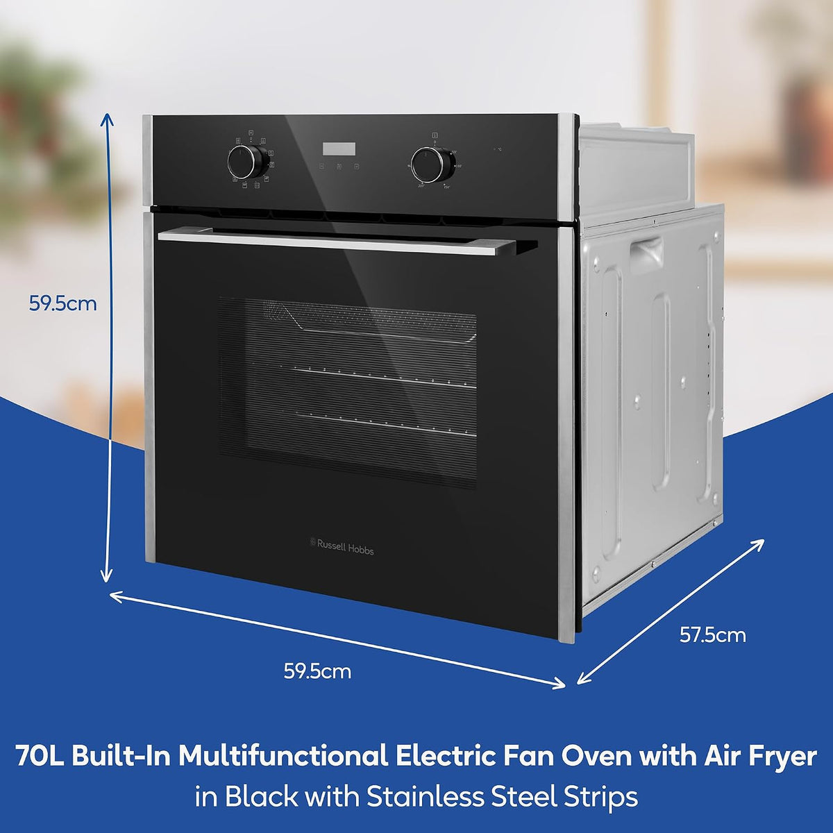 Russell Hobbs Built-in Multifunctional Electric Fan-Assisted Oven 70L in Black with 10 Functions, Double-Glazed Door, A Energy Rating, Grill Function, LED Clock & Timer, Easy-Clean Interior, RHEO7011B