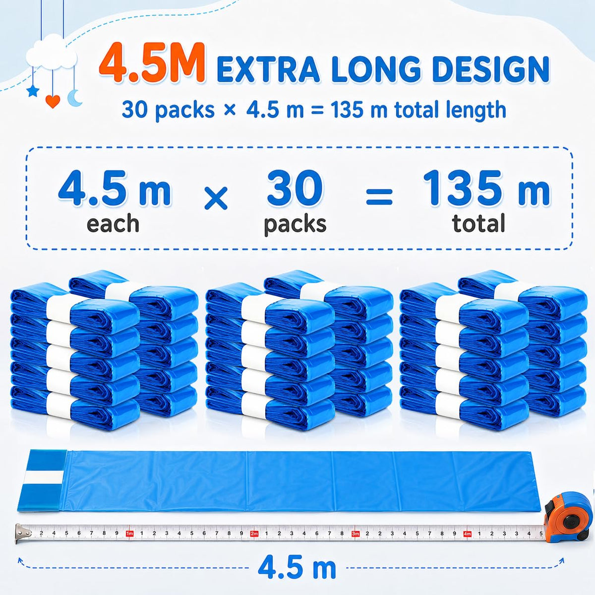 12er-Pack Nappy Bin Refills, vacvad 4.5m Diaper Bin Pail Disposal Bags, Nappy Bin Liners Replacement Strong Seal & Tear Resistance, Compatible with Most Nappy Disposal Systems (Blue)