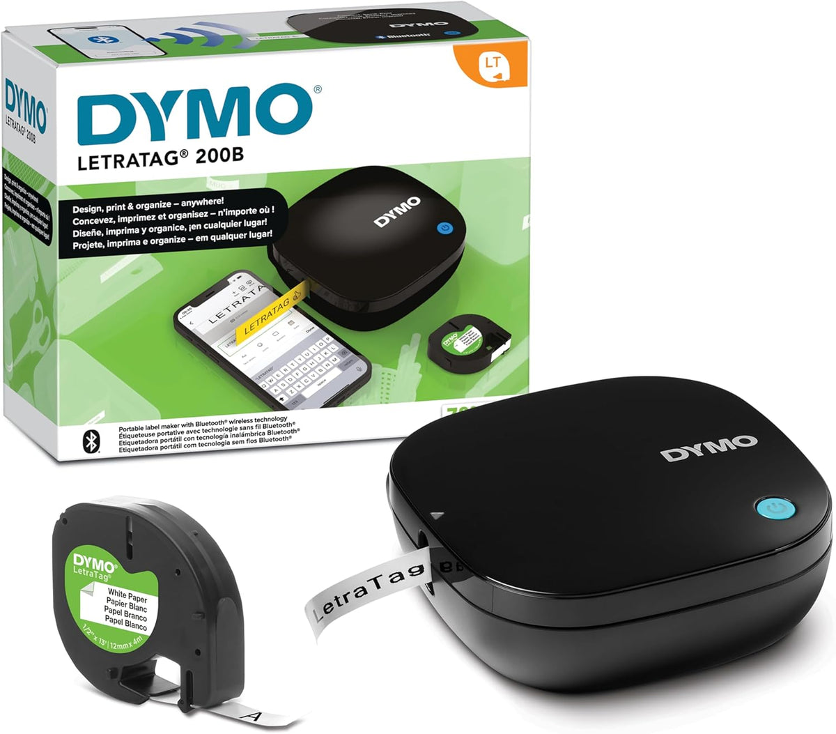 Dymo LetraTag 200B Bluetooth Label Maker | Compact Label Printer | Connects Through Bluetooth Wireless Technology to iOS and Android | Includes 1 White Paper Label Tape | Black