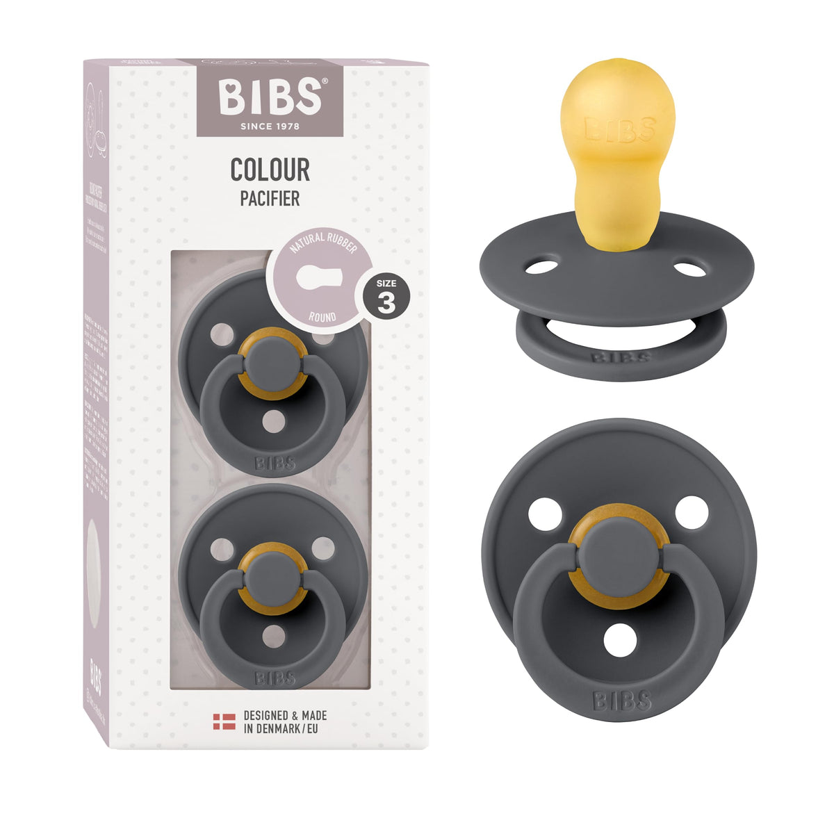 BIBS Colour Soother 2-Pack, BPA Free Dummy Pacifier, Round Nipple. Natural Rubber Latex, Made in Denmark, Size 2 (6-18 Months), Baby Blue