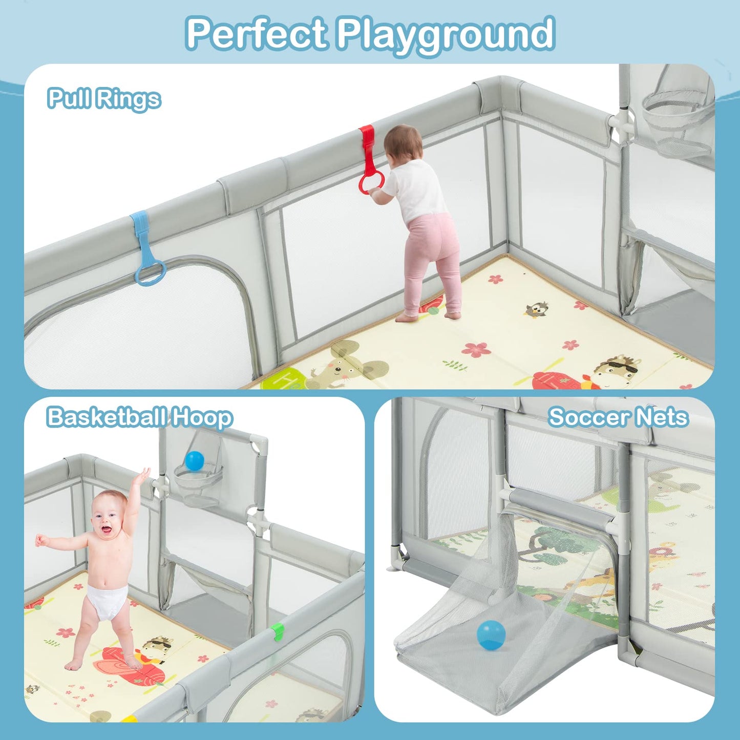 COSTWAY Baby Playpen, Toddler Mesh Play Pen with Mat, Pull Rings, Basketball Hoop, Football Nets, Ocean Balls, Indoor Outdoor Safety Playard for Babies and Toddlers (Light Gray, 207 x 142cm)