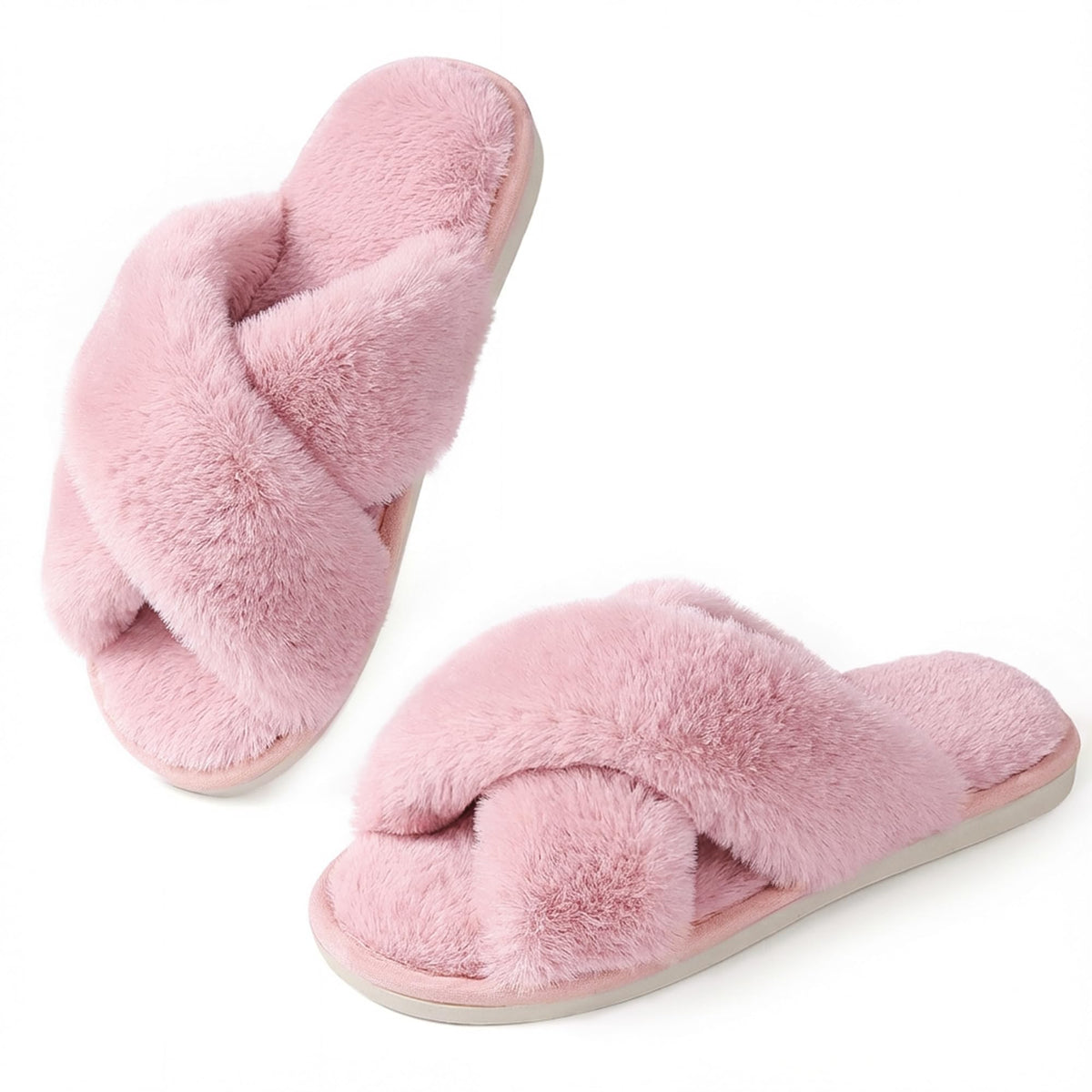 Ankis Women Slippers Fluffy Slippers Memory Foam, Cross Band Furry Open Toe Slippers Cozy Plush Home Shoes Indoor Outdoor Anti-Slide Slipper