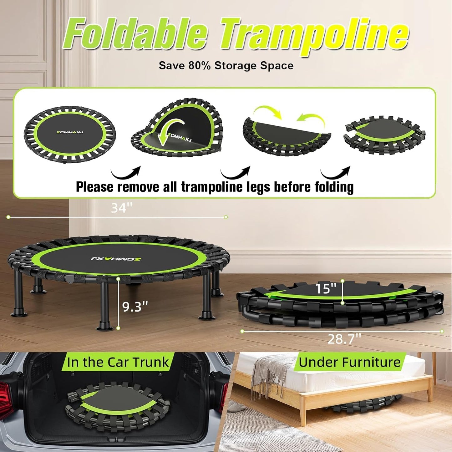 ZCMHAXJ Foldable Mini Trampoline, 40" Rebounder Trampoline for Adults & Kids, 450lbs Capacity with/without U/T-Shaped Adjustable Bar, Indoor Fitness Workout Exercise Equipment
