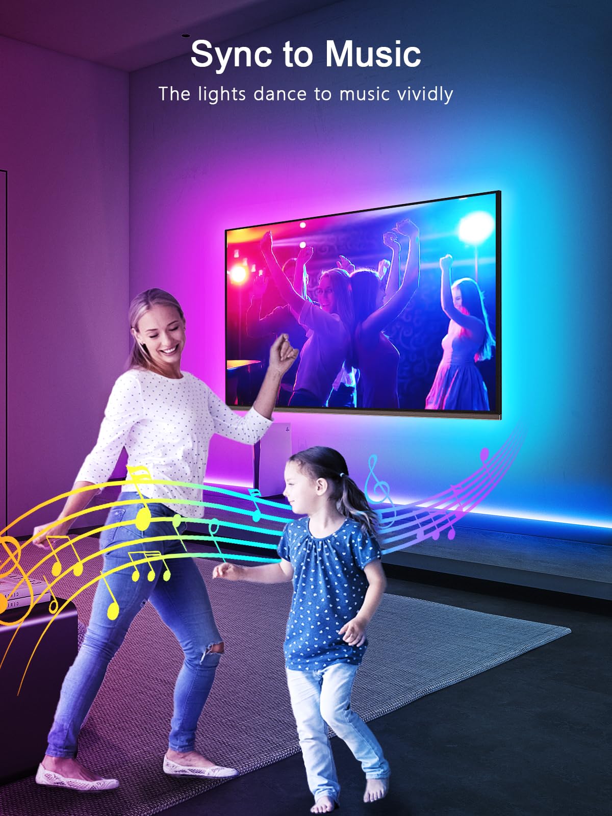 GIPOYENT TV Light Strip, 5M TV Backlight, for 45-75 Inch TV, Music Sync LED TV Light with Bluetooth Function - RGB Color Changing Light Strip for Home Theater (16.4ft)