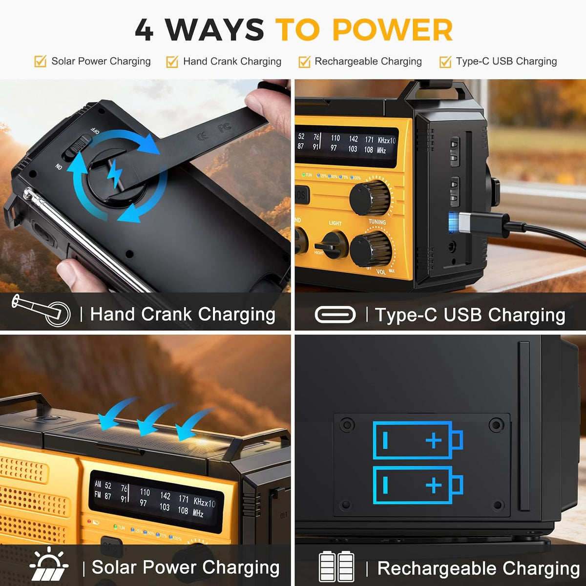 8000mAh Emergency Wind Up Radio, Hand Crank Solar, AM/FM Radio with 3-Mode Flashlight, 2-Mode Reading Lamp, SOS Alarm with USB Phone Charger for Emergency Outdoor