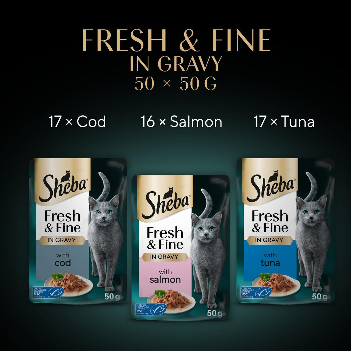 SHEBA Fresh & Fine Cat Pouches Fish collection in Gravy 50x50g