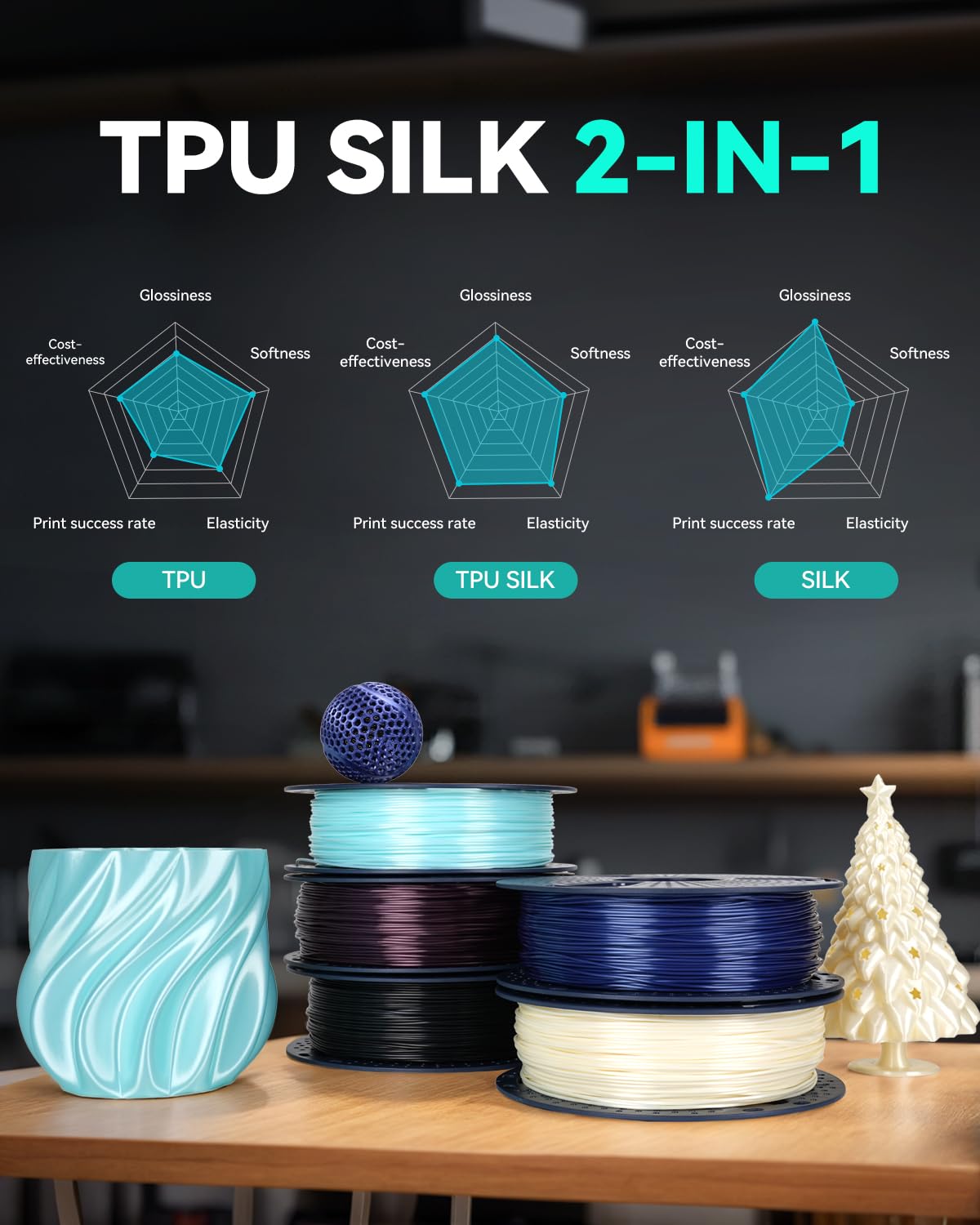 SUNLU Silk PLA+ Filament, Shiny Metallic Silk 3D Filament 1.75mm