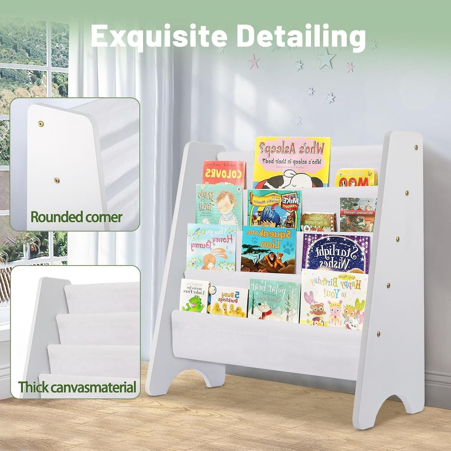 CROWNSHOP Kids Bookshelf 4 Layers Wooden Book Shelf Room Display Rack Kids Bookcas with Soft Canvas Suitable for Kids Room and Nursery White 61 * 60 * 26.5 CM