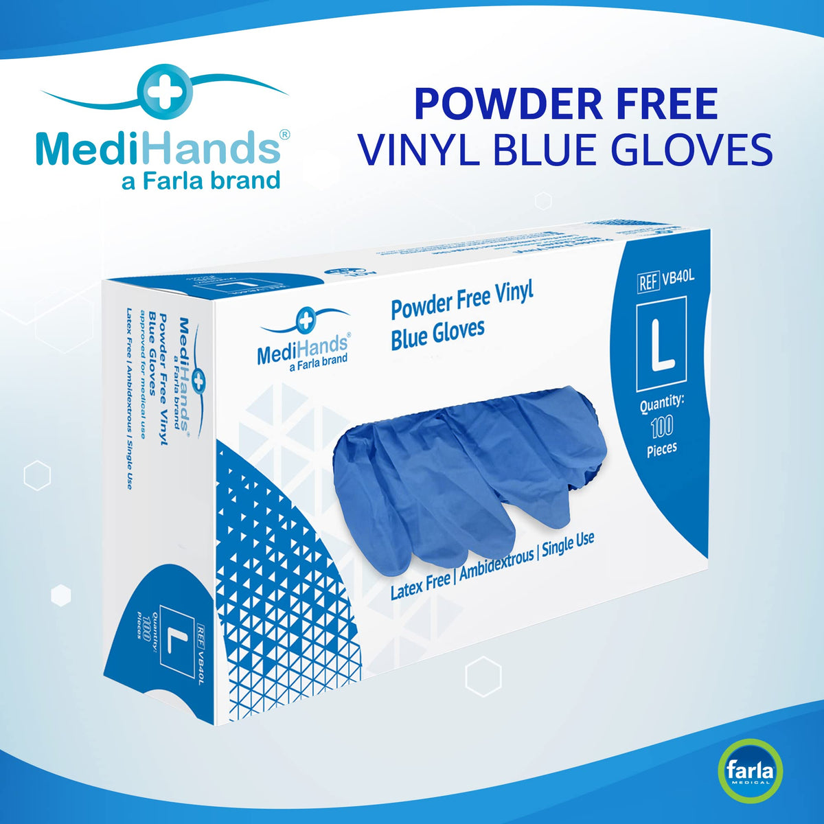 Farla MediHands Blue Medium Vinyl Gloves - Box of 100 Disposable Vinyl Gloves - Medical Gloves - Powder Free, Latex Free, & Protein Free Gloves - Multi-Purpose, Single Use
