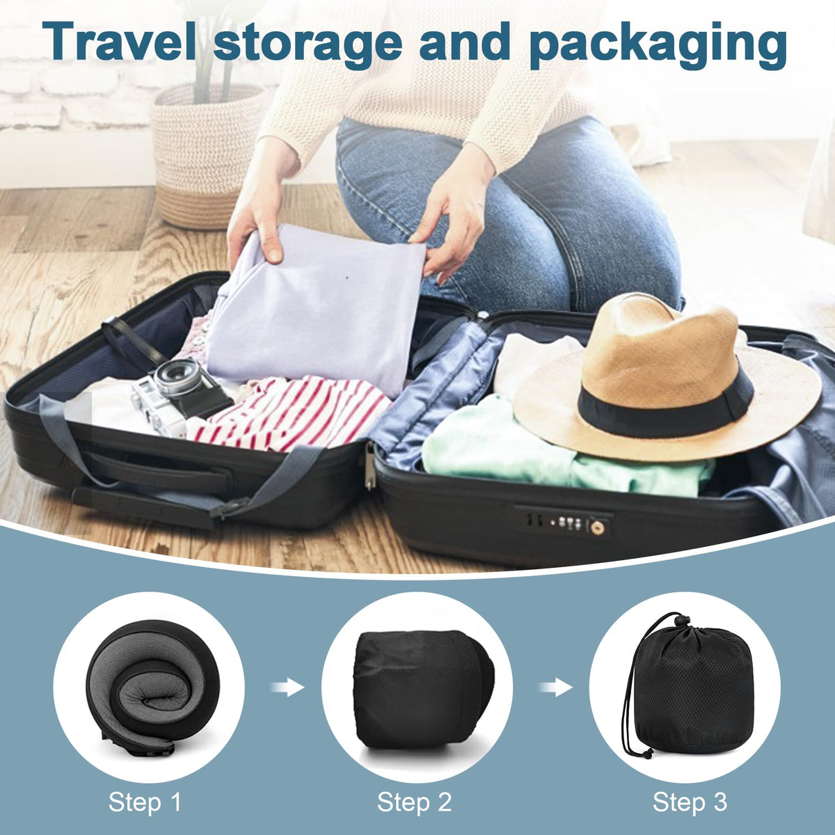 Memory Foam Travel Neck Pillow, 360° Support with Eye Mask&Earplugs