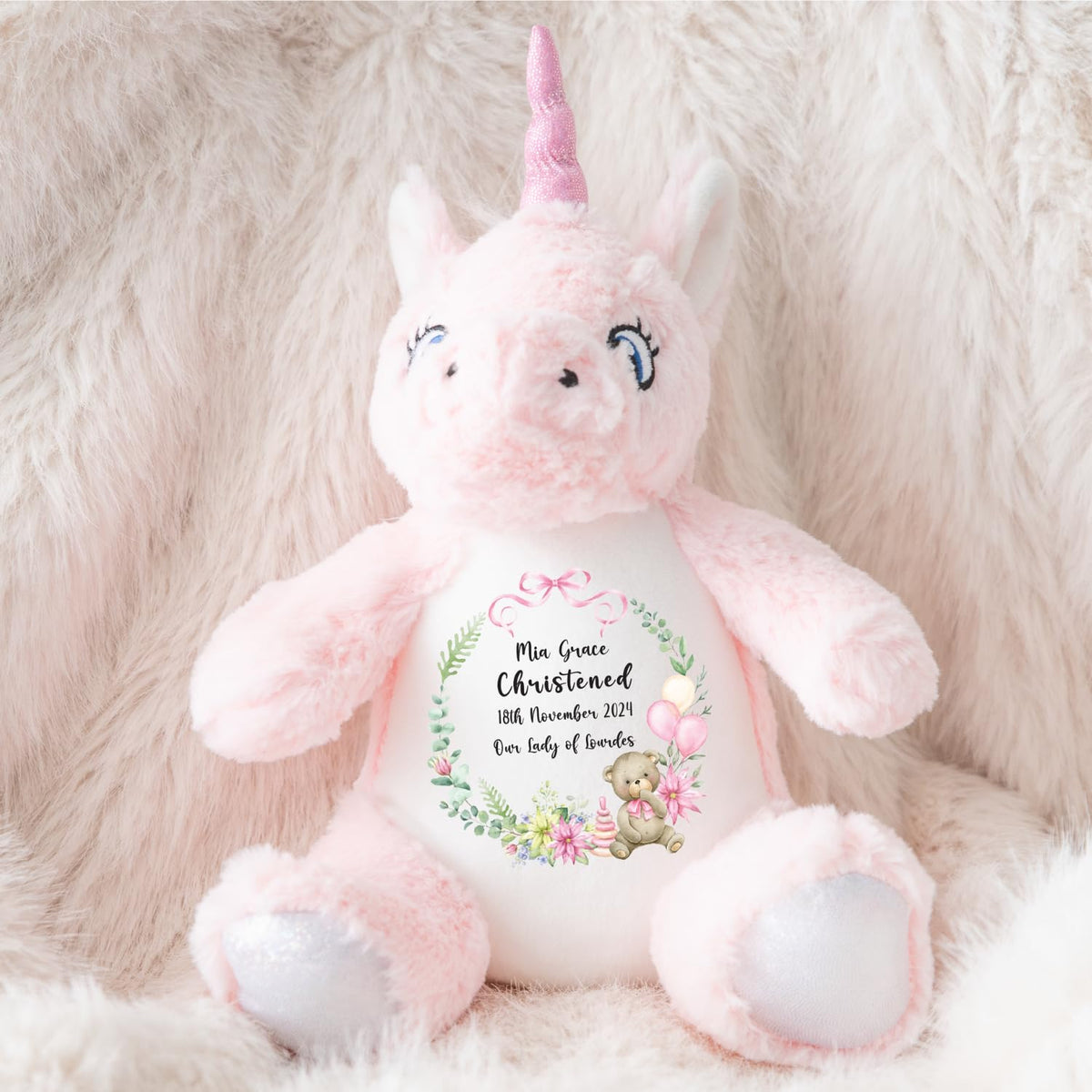 Crafted Memories - Personalised Bunny Rabbit | Custom Name & Date | Christening & Baptism Keepsake | Baby Girl & Boy | Soft Grey, White | Ideal 1st Birthday Present