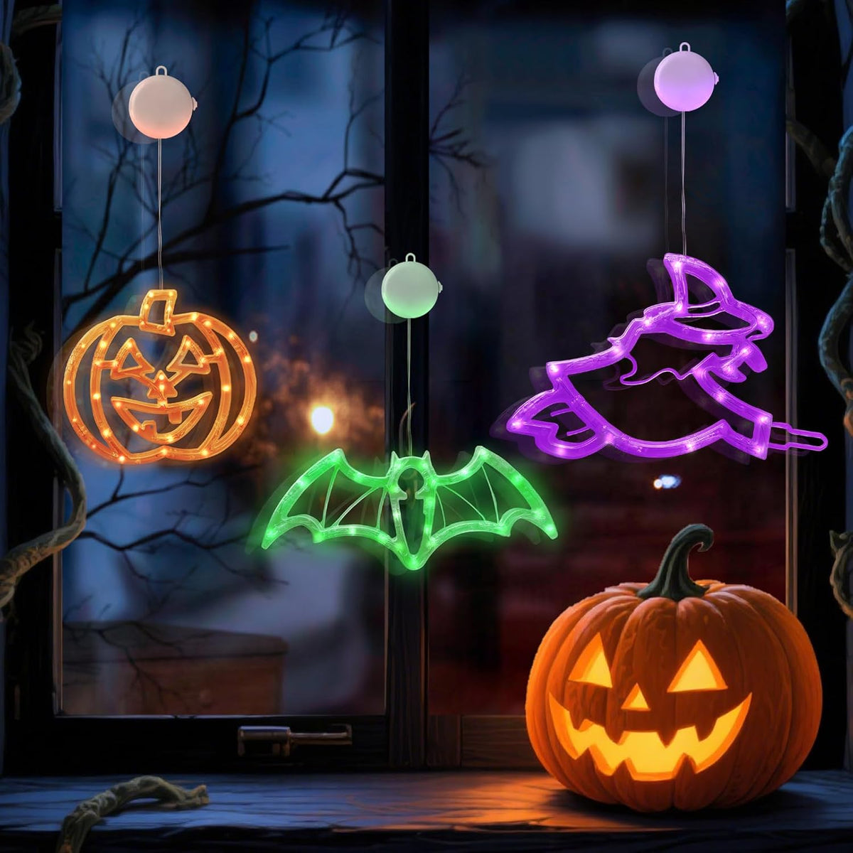 CNMTTCO Halloween Window Lights with Timer, Orange Pumpkins, Green Bat & Purple Witch LED Decorations, Battery Operated Indoor Window Lights with Suction Cups (Set of 3)