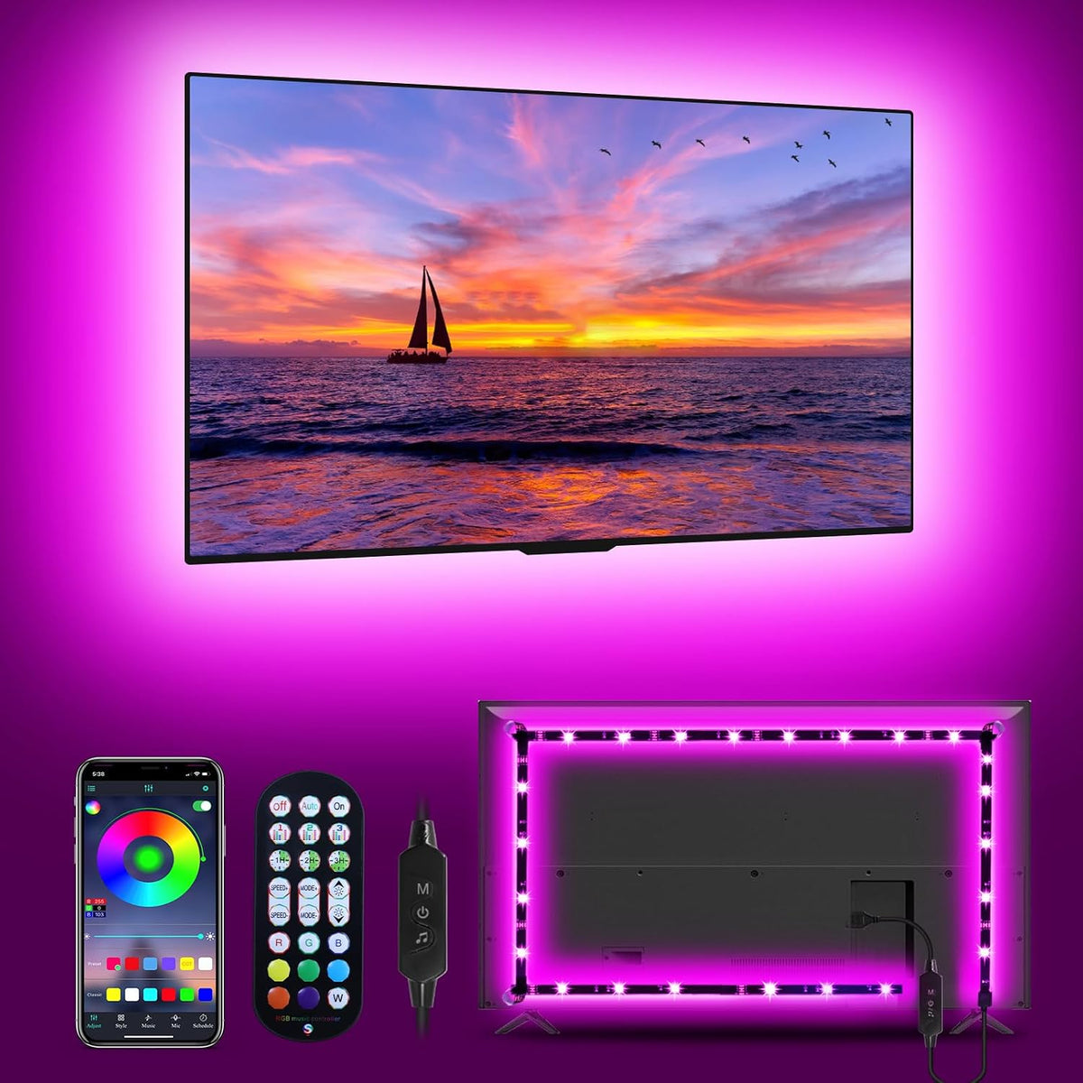 MATICOD TV LED Lights, 4M TV Lights for 45-60in TVs, Music Sync RGB TV Backlight USB LED Strip Lights with Remote and App Control for Christmas Decorations