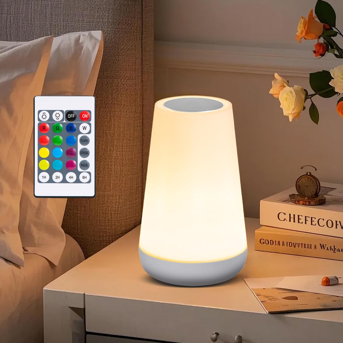 Ledivion Night Light, LED Touch Bedside Table Lamp, RGB Colours Changing, 5 Brightness Level, Timing Function, Dimmable Rechargable Remote Control Light for Bedroom, Living Room