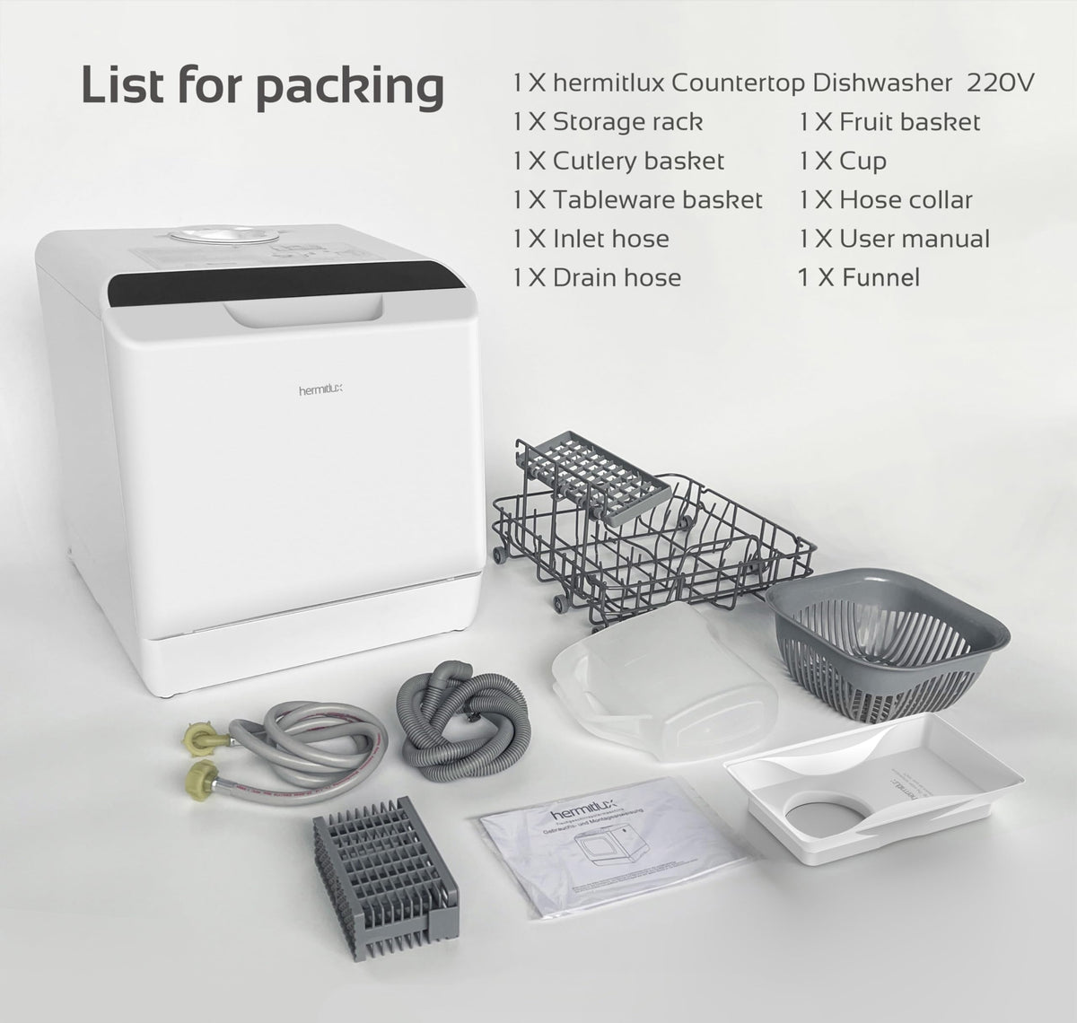 Hermitlux Table Top Dishwasher, Mini Countertop Dishwasher with 4 Place Settings, 5L Built-in Water Tank, 6 Programmes, Touch Control, Baby Care and Fruit Wash, White