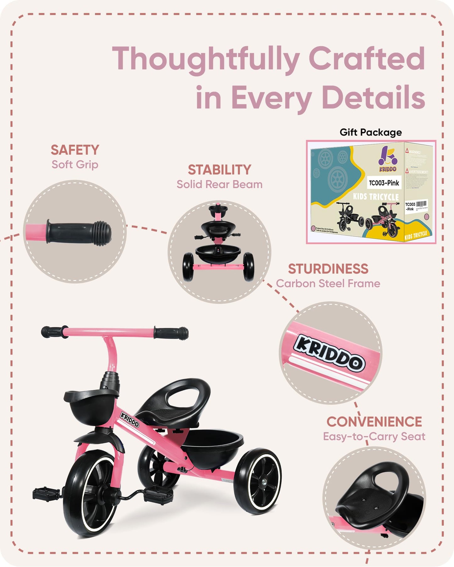 KRIDDO Toddler Tricycle — Anti-Tip Design, BPA-Free | Ages 18 Months to 4 Years | Pink