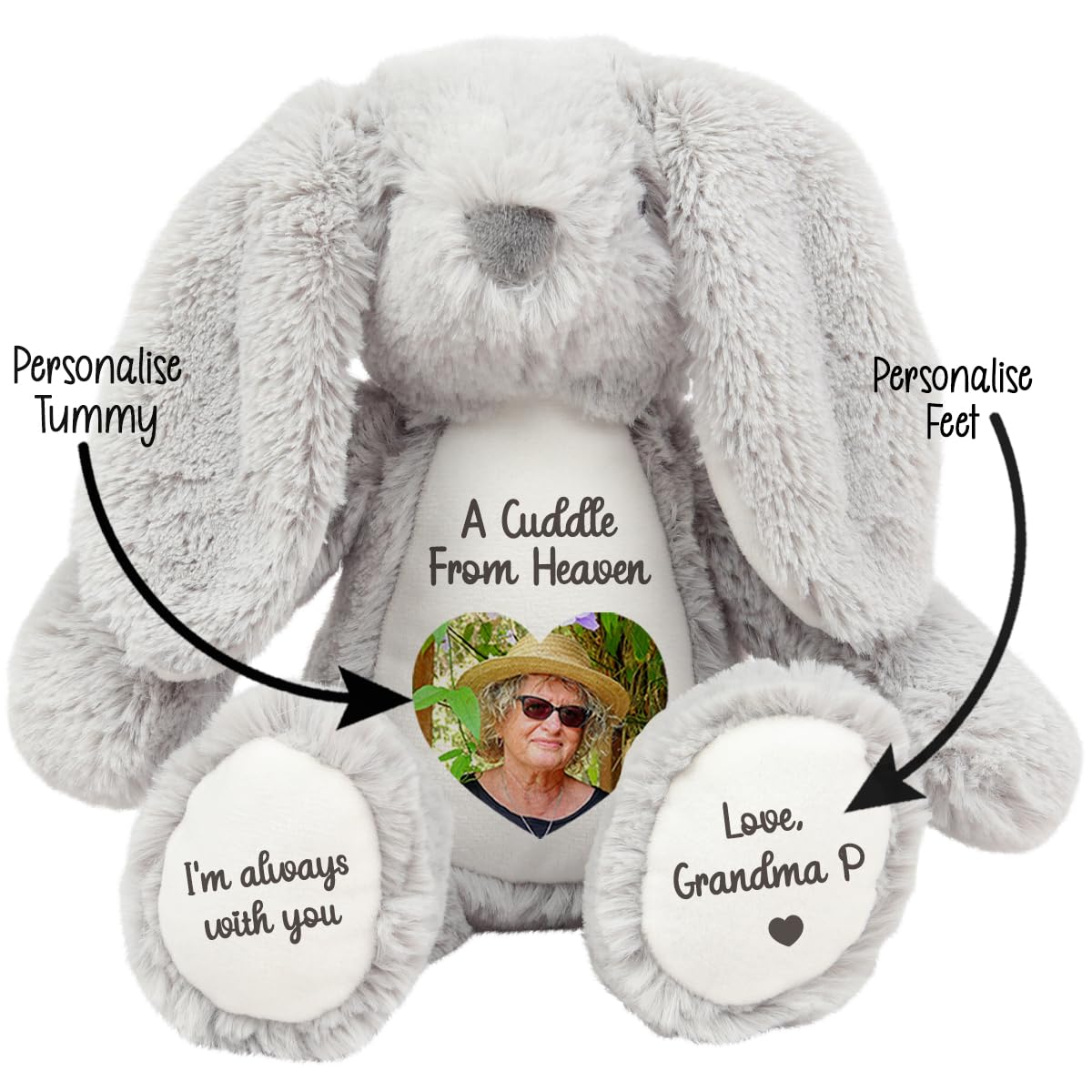 Personalised Memory Teddy Bear with Heart-Shaped Photo – “A Cuddle From Heaven” Keepsake Gift – 28 Bear Styles – Add Your Text & Choose Colour – Custom Memorial Bear (White Angel Teddy)