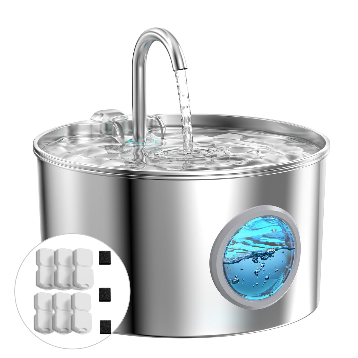 Cat Water Fountain Stainless Steel: Water Fountain Cat Bowl - 3.2L Drinking Fountains for Cats - Pet Water Dispenser - with 6 Carbon Filters + 3 Sponges