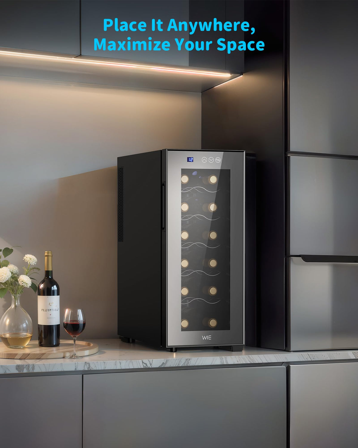 WIE 48L Drinks Fridge with Glass Door, Beer Fridge for 68 Cans or 12 Wine Bottles, Mini Fridge 4-16°C Touch Control, Quiet Beverage Refrigerators with LED Light, Reversible Door for Home, Bar, Office