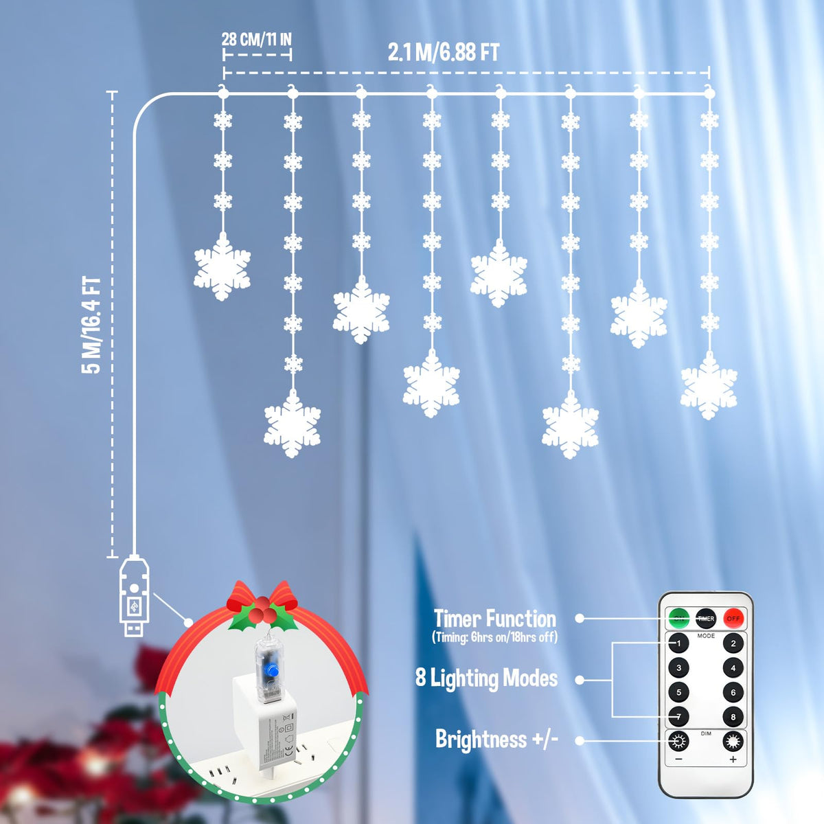 Christmas Star Window Lights, 2M 48 Stars 80 LED Curtain Fairy Lights with Remote, Timer, 8 Modes, Dimmable, USB Powered String Lights for Window, Bedroom, Party, Christmas Decorations