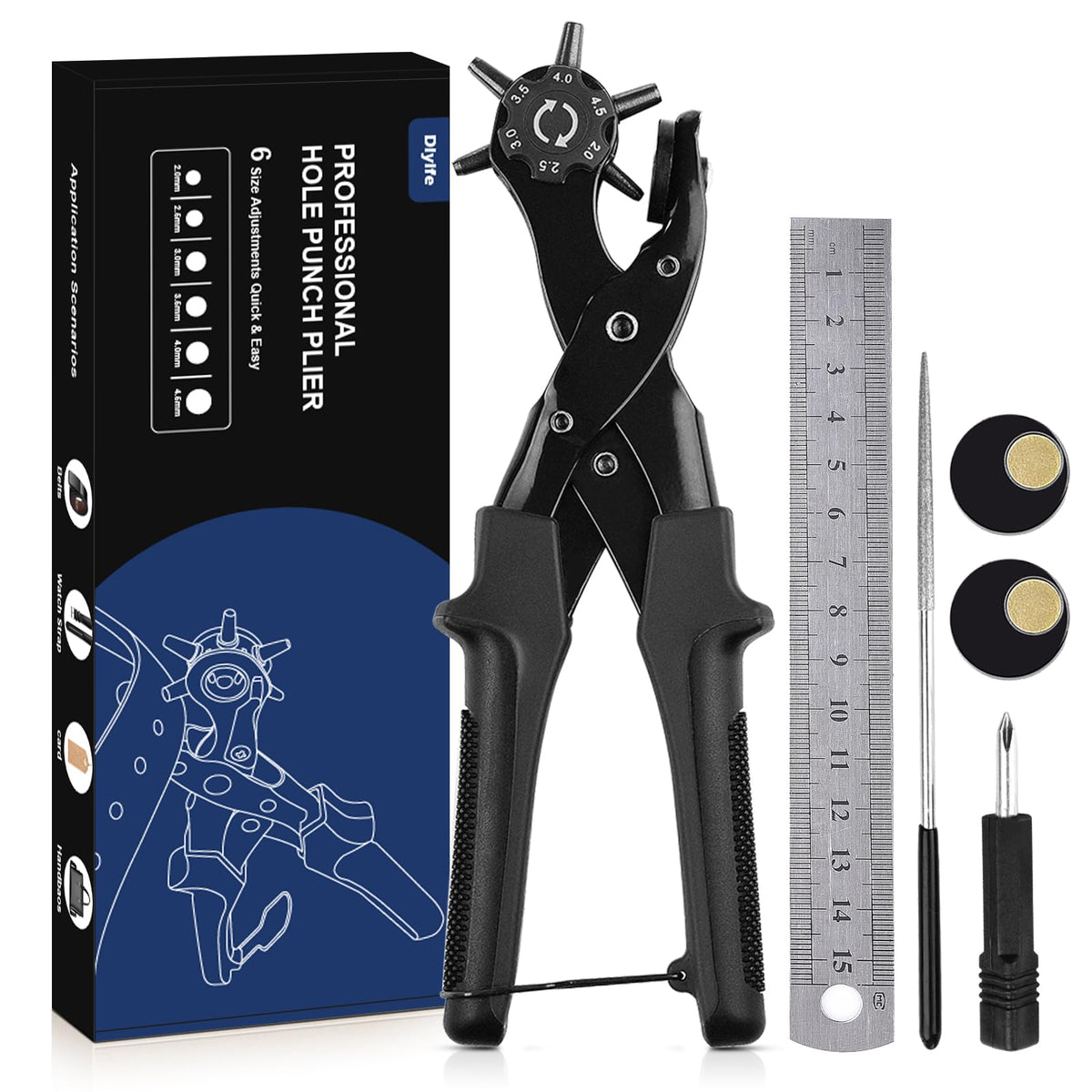 Diyife Belt Hole Puncher for Leather, 6 Sizes, Effortless Dual-Lever Design