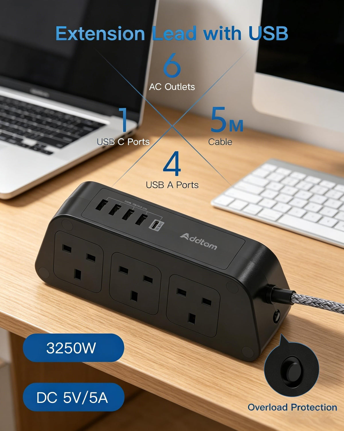 Addtam Extension Lead with USB Slots, 6 Way Outlets 5 USB(5A, 3USB- C Port)