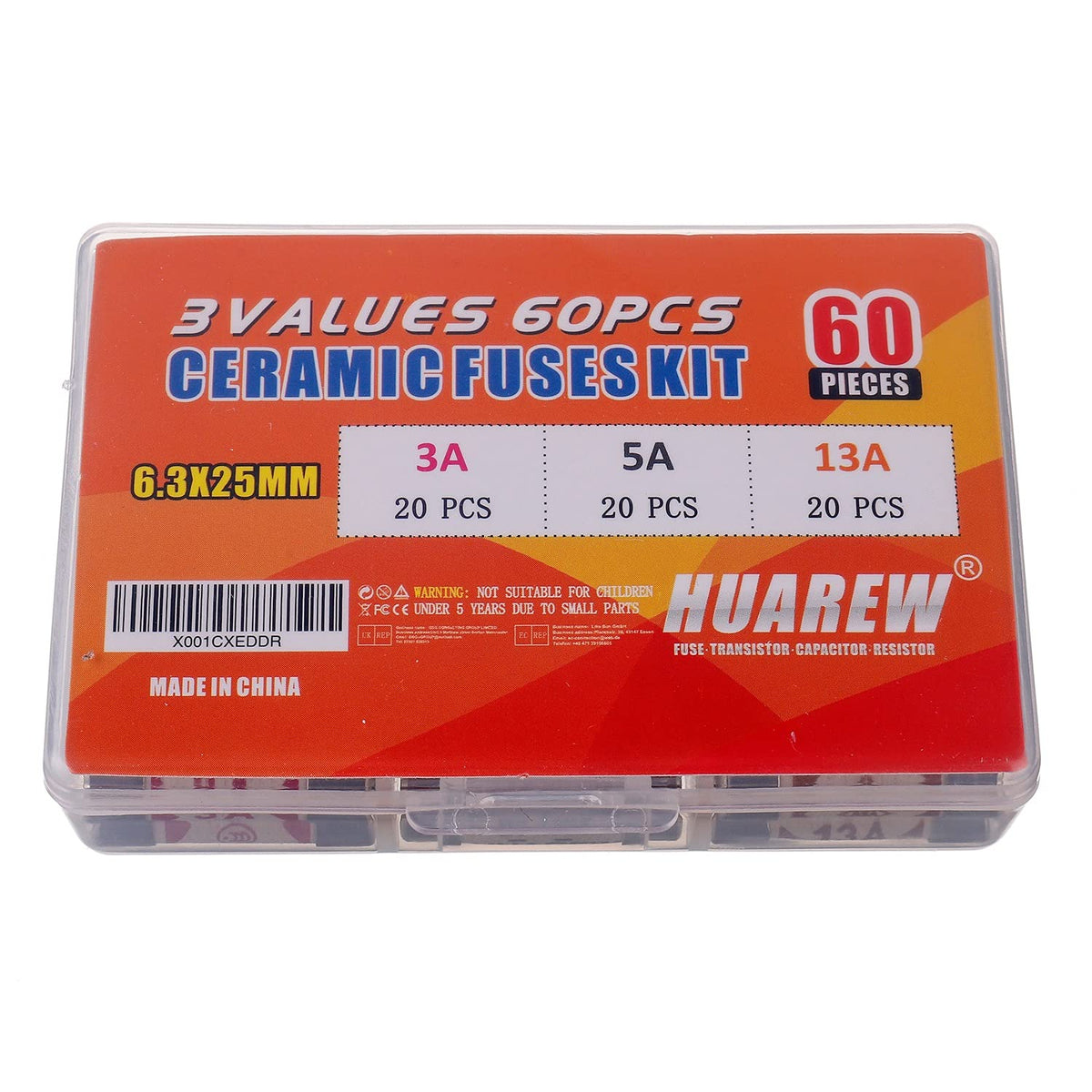 5 Values 100 Pcs 6.3x25 mm BS1362 1 3 5 10 13 A amp 240 V volt 0.248x0.984 Inch Ceramic Tube Fuses Assortment Kit