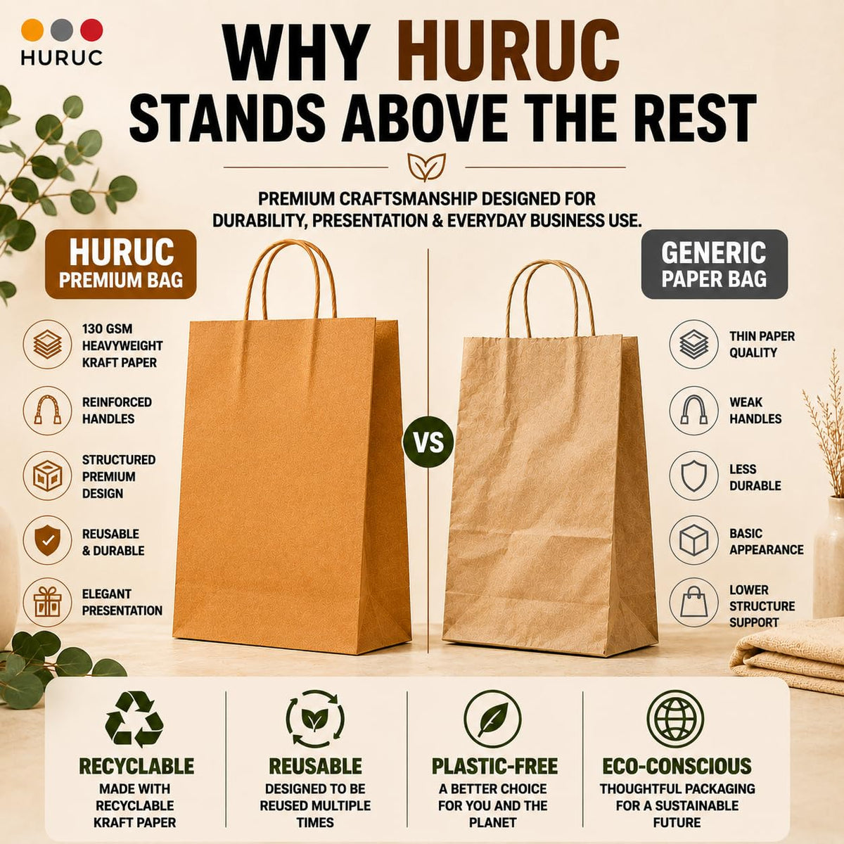 HURUC Brown Paper Bags with Handles 50 Pack Medium 130 GSM