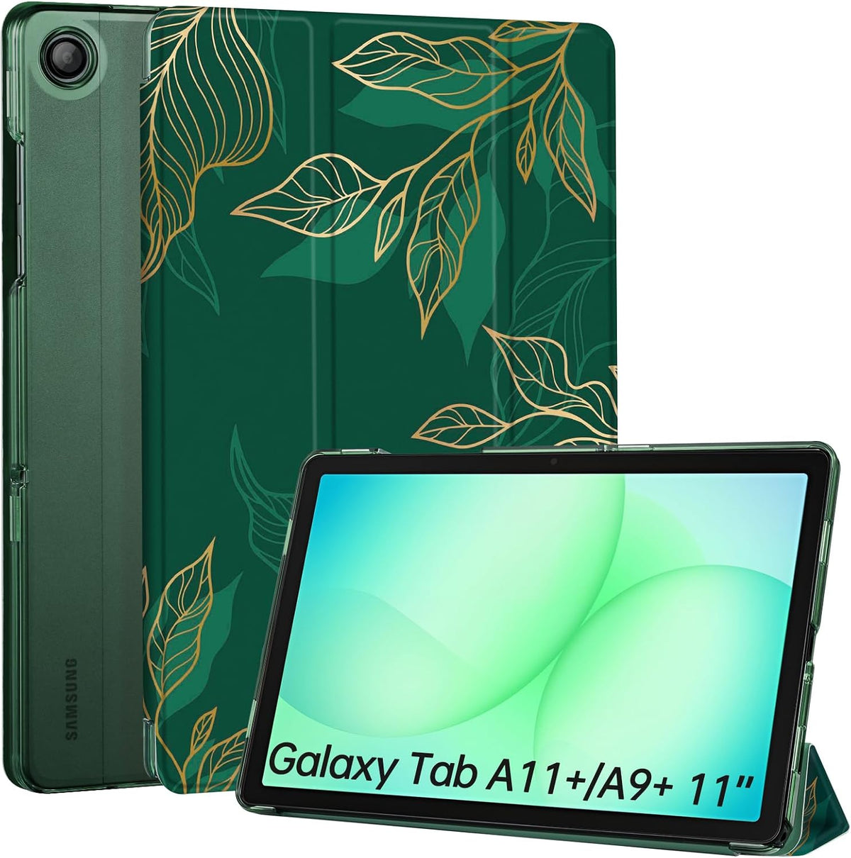CoBak Case for Samsung Galaxy Tab A11+ Plus 11 Inch 2025/A9+ Plus 2023 - PU Leather Smart Cover with Auto Sleep/Wake for Tab A11+, Translucent Hard Shell, Multi-Viewing Angles, Green Pattern