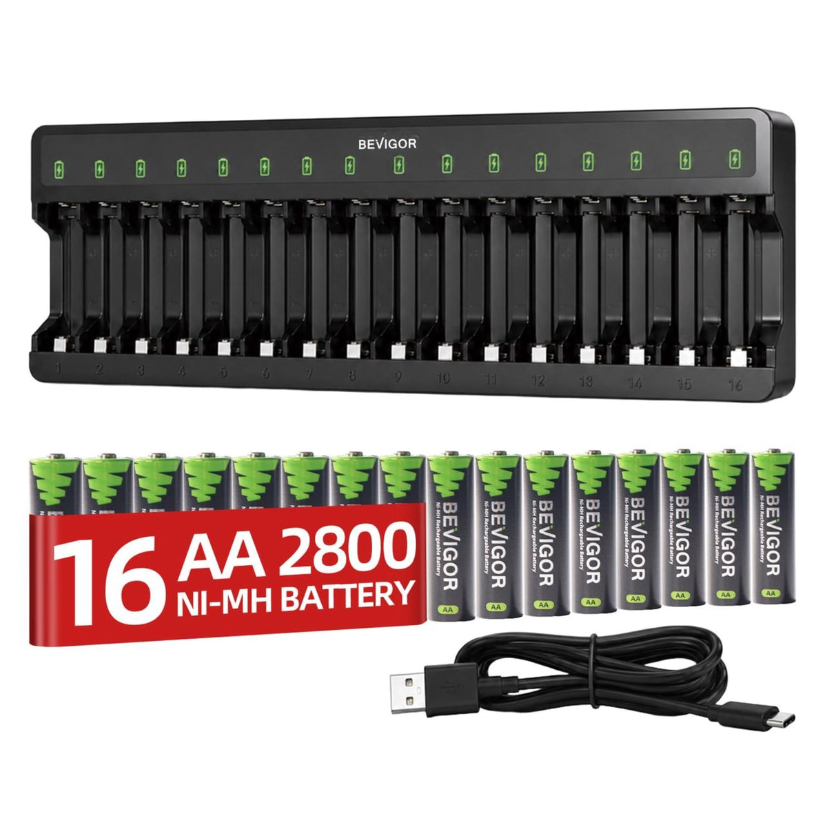 BEVIGOR 16 Slot Battery Charger for AA & AAA Rechargeable Batteries