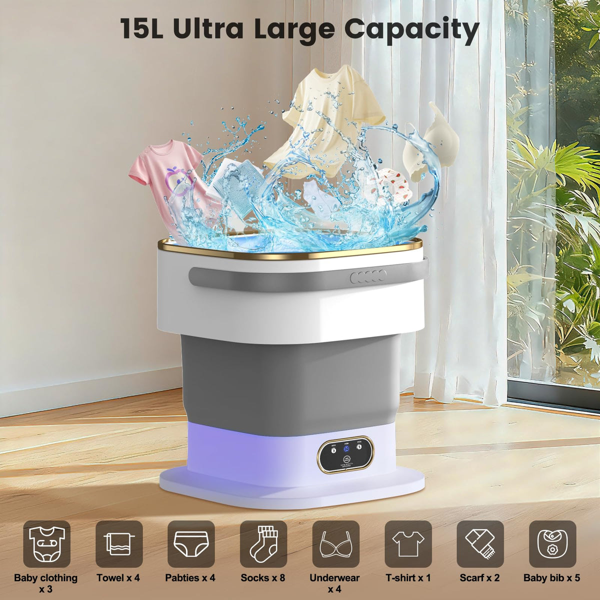 Mini Washing Machine, 15L Portable Washing Machine with Spin Dryer & 3 Cleaning Modes for Small Clothes, Foldable Portable Washer for Apartments, Dorms, Camping (Khaki)