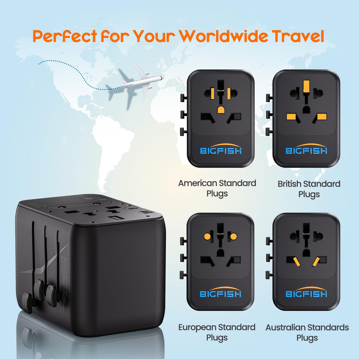 Bigfish Universal Travel Adapter with 35W USB-C PD Fast Charging (C3 Port)