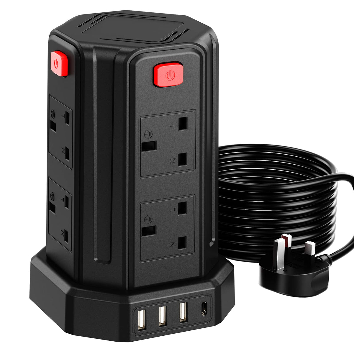 Tower Extension Lead 3M, 8 AC Outlets and 4 USB Ports Extension Tower