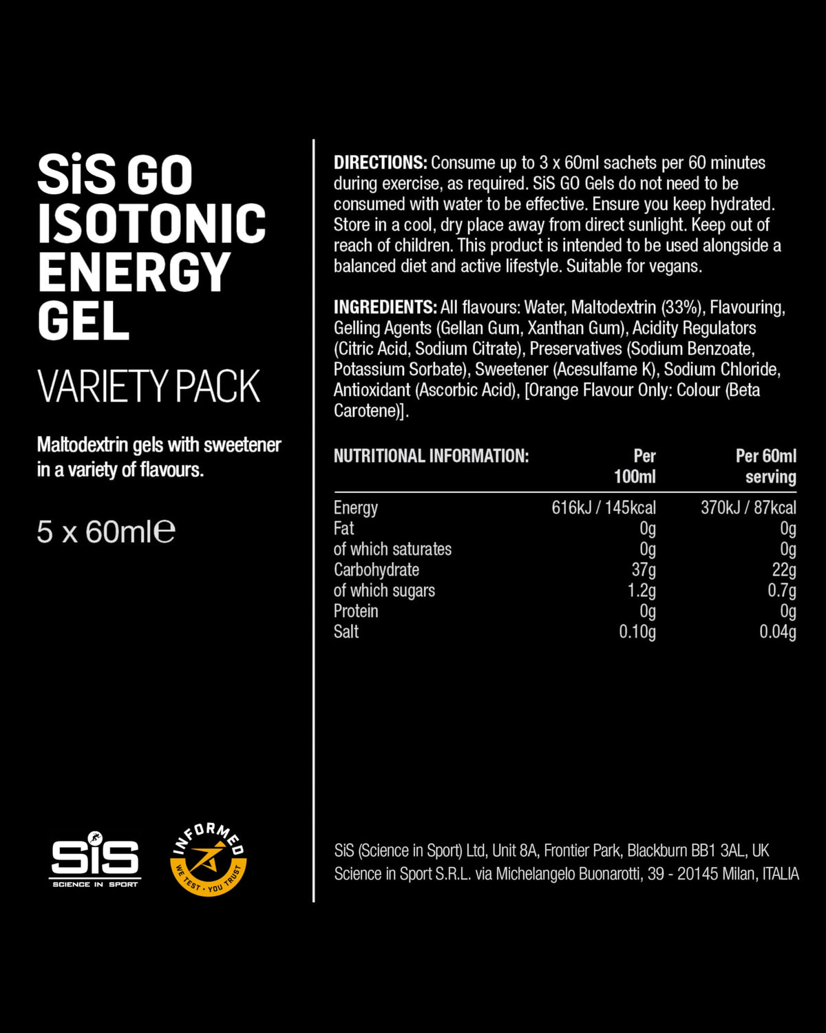 Science in Sport GO Isotonic Energy Gels Mixed, Mixed Flavours, 7 x 60ml