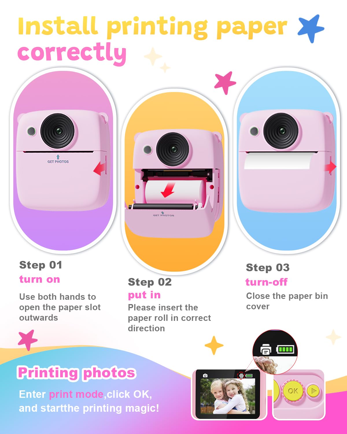 Kids Camera Instant Print, 1080P Kids Digital Camera,Boys Gifts Toys Age 3+