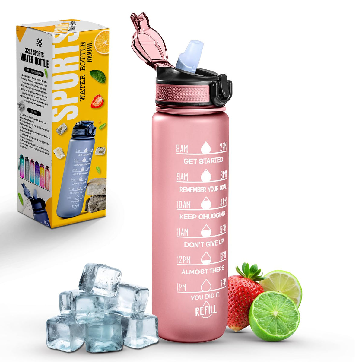 Roe Tenpo Sports Water Bottle with Straw and Time Marking, and 32OZ Capacity - Motivational and Eco-Friendly BPA-Free Bottle for Running, Gym, Yoga, Outdoors, and Camping (Style-1, Black)