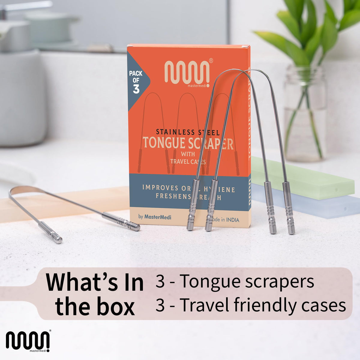 MasterMedi Tongue Scraper with Travel Case 1 Pack, Bad Breath Treatment Tongue Scraper for Adults & Kids, Stainless Steel Metal Tongue Scraper, Easy to Use Tongue Cleaner for Hygiene and Self Care
