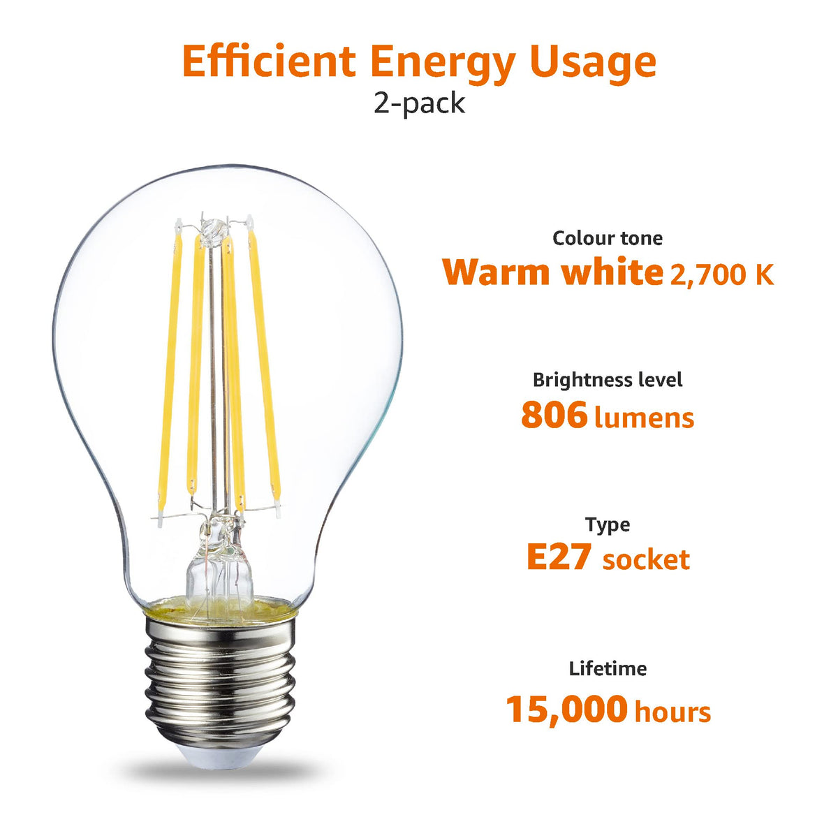 Amazon Basics LED E27 Edison Screw Bulb, 7W (Equivalent to 60W), Clear Filament, Warm White, Non Dimmable - Pack of 6
