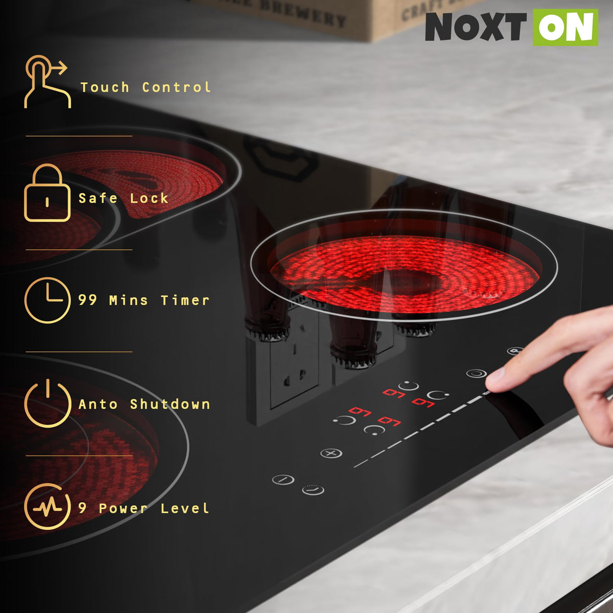 Noxton 2 Zone Ceramic Hob 30cm Electric Hob with Timer, Safe Lock, Pause Coutertop Use Hob with 13AMP Plug 2800W