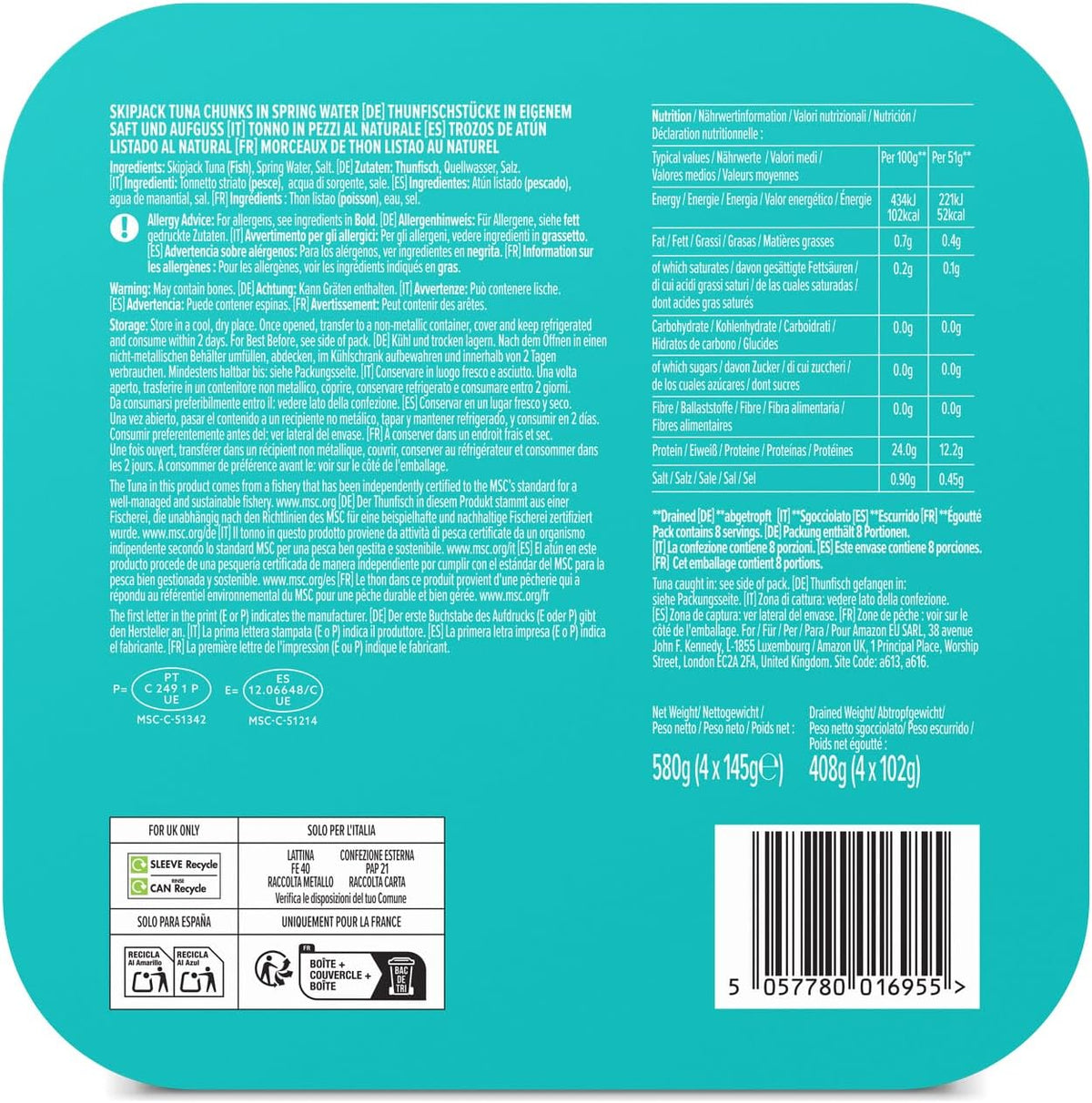 by Amazon MSC Skipjack Tuna Chunks in Spring Water, 4x145g