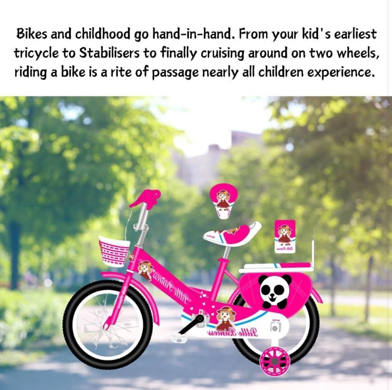 Pink Girls Bike 16" with Stabilisers, Basket & Bell — Adjustable Seat & Handlebars