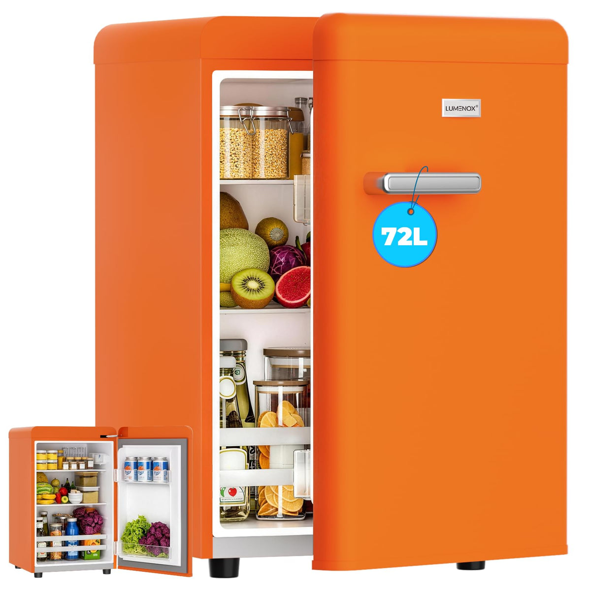 Retro Mini Fridge, 72L Compact Refrigerator, 43dB Quiet Operation, Adjustable 7-Temp Control, with LED Light, for Bedroom, Office, Kitchen & RV