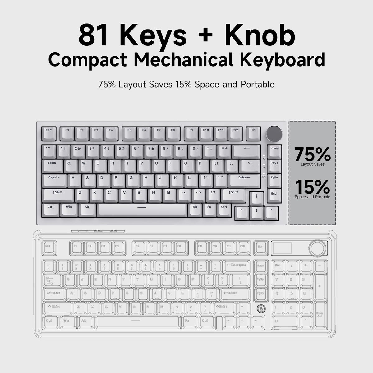 AJAZZ AK820 Wired Mechanical Keyboard, 75% Gaming Keyboard with Volume Control Knob, PBT Keycaps, 82 Keys, Five-Layer Sound Insulation Pad, South-Oriented RGB, Full-Key Hot Swap, Black Grey Yellow