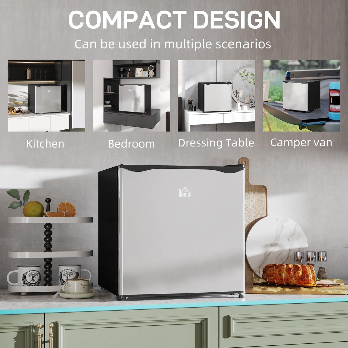 HOMCOM 46L Table Top Mini Fridge with Ice Box, Reversible Door, Cream