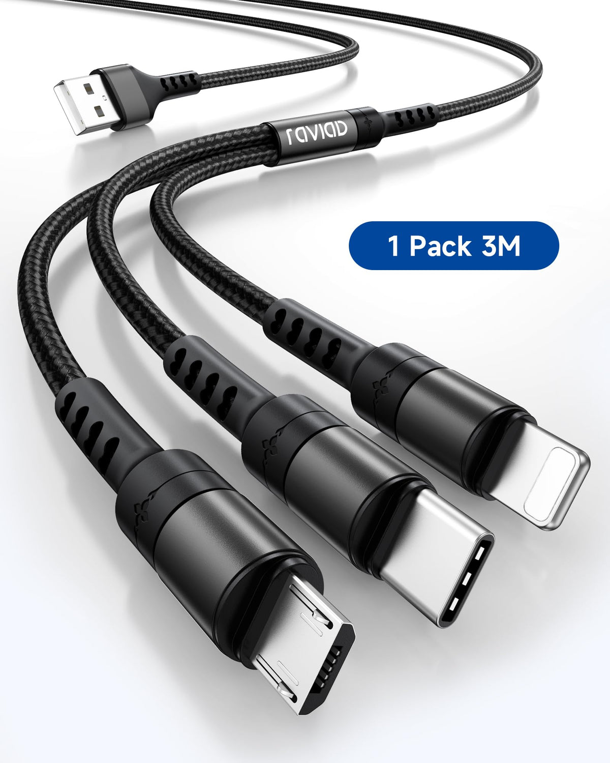 RAVIAD Multi Charger Cable 3 Packs 1.2M 3 in 1 Charging Cable Nylon Braided