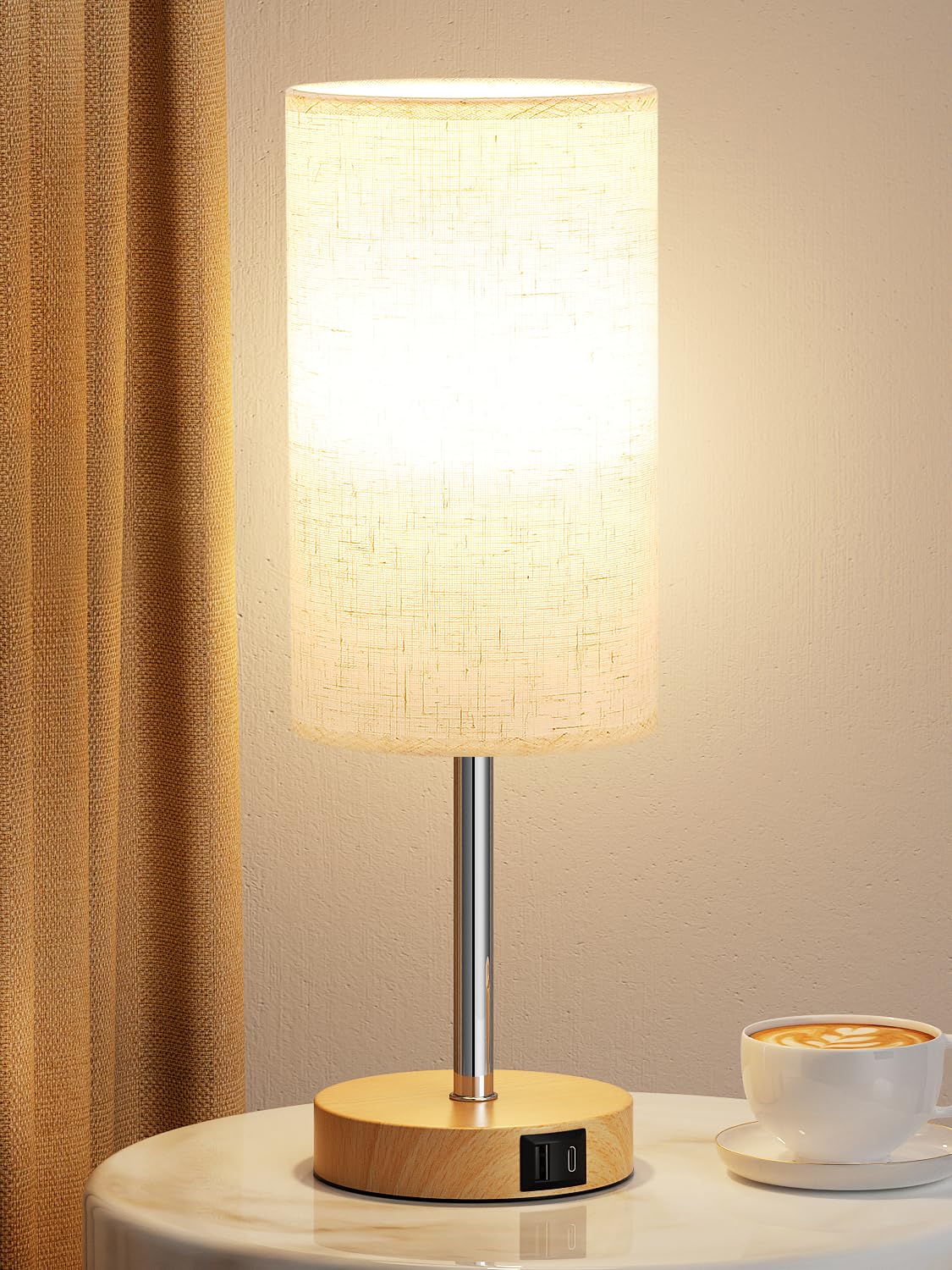 Aooshine Grey Table Lamp, 3-Way Dimmable, USB A + C Charging