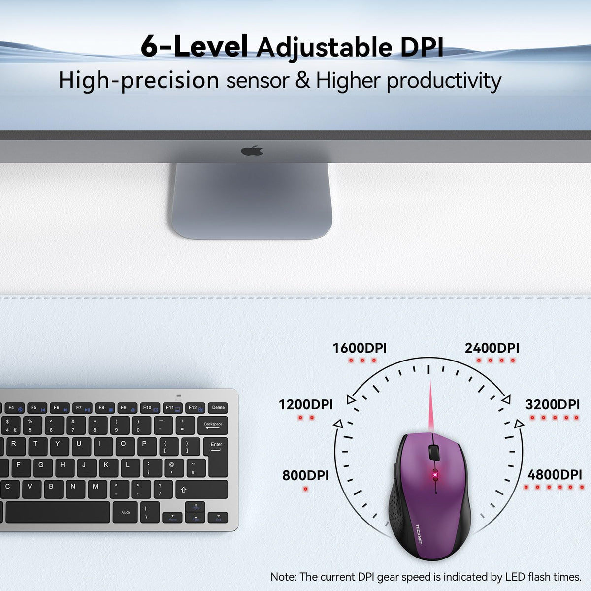 TECKNET Wireless Mouse for Laptop, 4800 DPI Optical Computer Mice with 6 Adjustable Levels, 30 Months Long Battery Life 2.4G Cordless USB Silent Mouse for Notebook, PC, Office Home Work -Grey